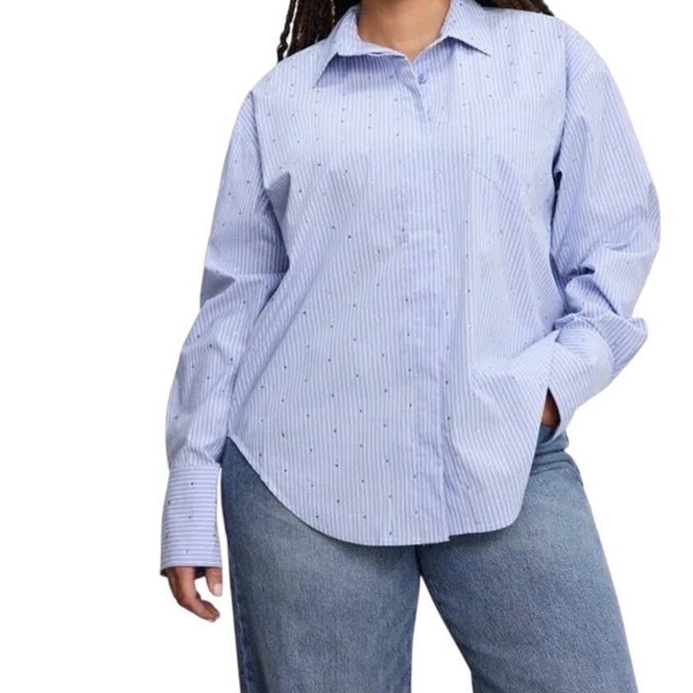 Good American Rhinestone Pinstripe Button-Up Shirt